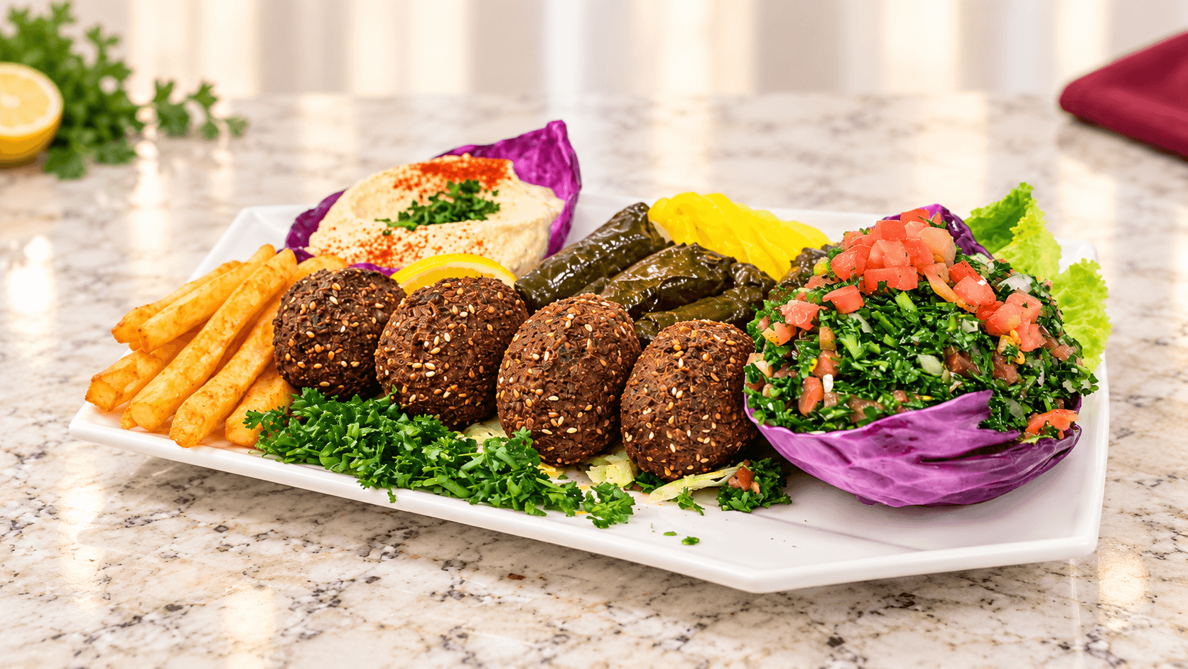 Vegetarian plate with falafel, hommous, grape leaves, tabbouli and fries